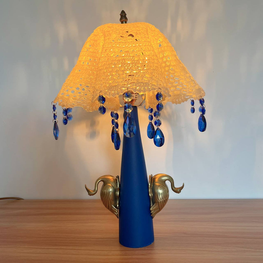 Twin Swans – Hand-Painted Lamp with Crochet Shade & Blue Crystals