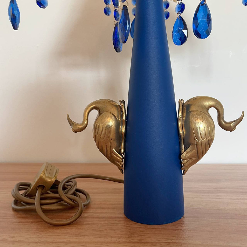 Twin Swans – Hand-Painted Lamp with Crochet Shade & Blue Crystals