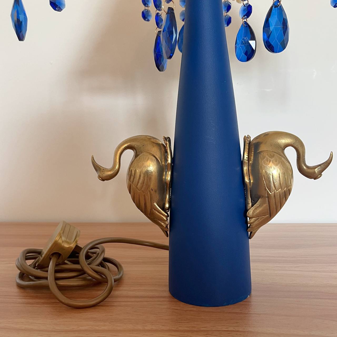 Twin Swans – Hand-Painted Lamp with Crochet Shade & Blue Crystals