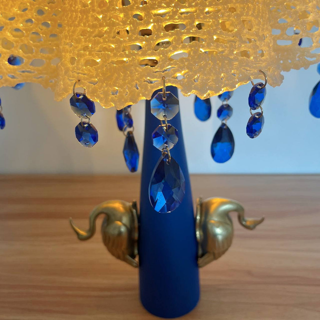Twin Swans – Hand-Painted Lamp with Crochet Shade & Blue Crystals