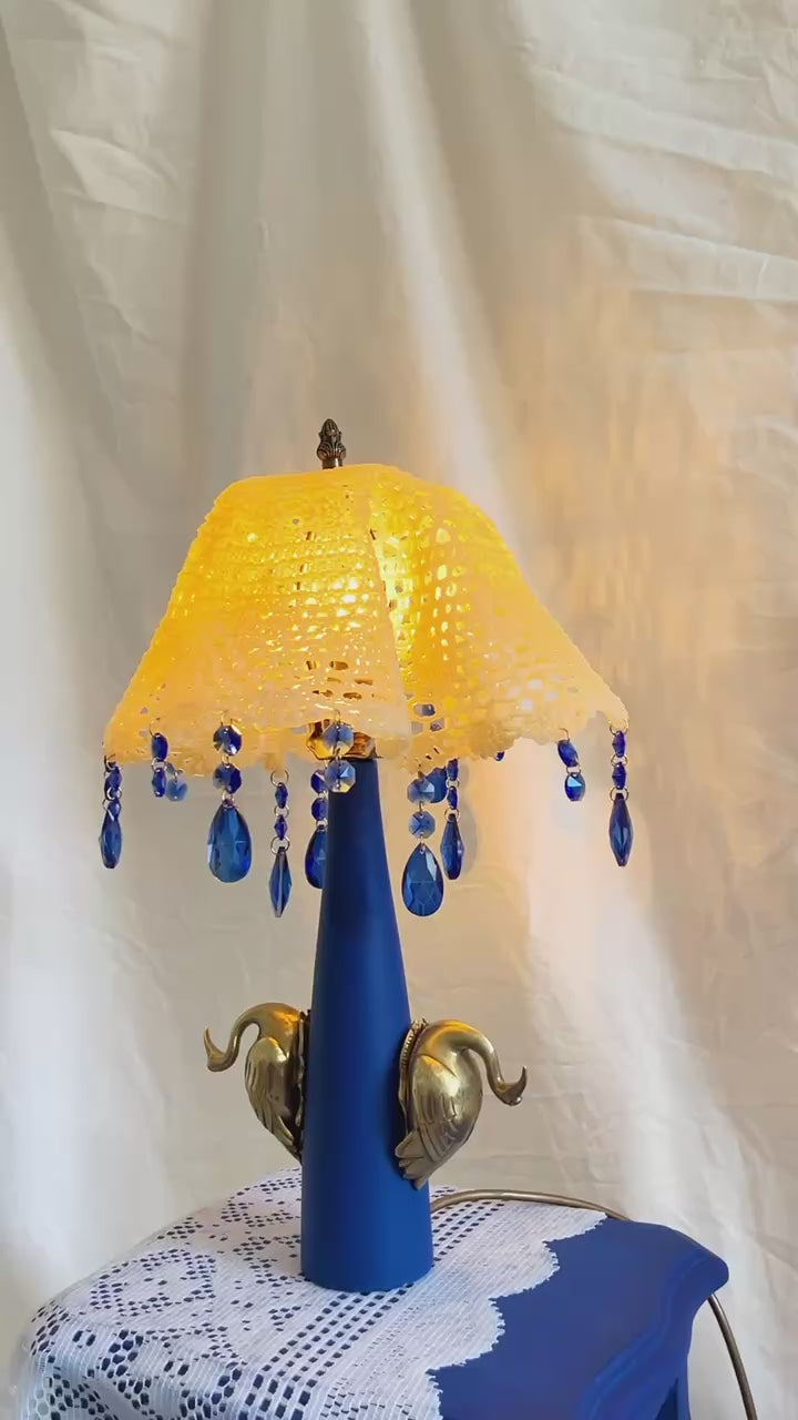 Twin Swans – Hand-Painted Lamp with Crochet Shade & Blue Crystals